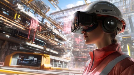 Fototapete - A person wearing a virtual reality headset engages with digital real estate environments in a futuristic setting.