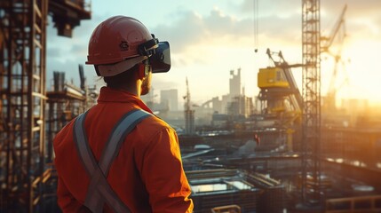Fototapete - A construction worker wearing a virtual reality headset observes the building site at dusk. Cranes and machinery are visible in the background, highlighting modern construction tools.