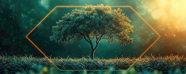 Poster - Plane tree abstract background idea. A solitary tree under vibrant lights, surrounded by lush grass in a dreamlike atmosphere.