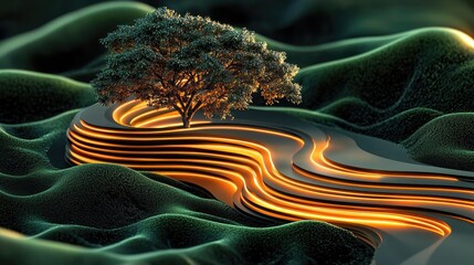 Poster - Plane tree abstract background idea. A glowing tree on flowing land, illuminated by warm lights in a surreal landscape.