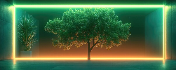 Poster - Plane tree abstract background idea. A neon-lit tree with vibrant colors creating a serene and futuristic atmosphere.
