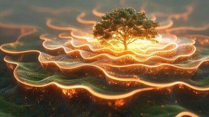 Poster - Plane tree abstract background idea. A glowing tree surrounded by vibrant waves of light, symbolizing nature's energy.