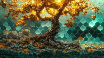 Poster - Plane tree abstract background idea. A mesmerizing abstract tree illuminated by golden light against a vibrant background.