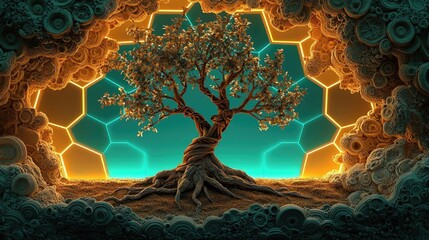 Poster - Plane tree abstract background idea. A mystical tree surrounded by glowing hexagons, symbolizing nature and technology.