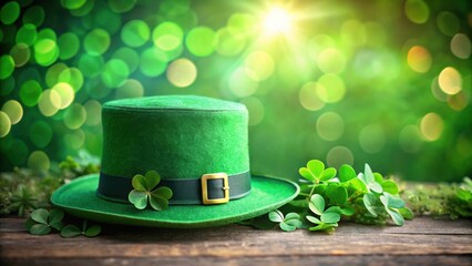 Green shamrock hat with clover leave on wooden table with green bokeh background, St. Patrick's Day holiday concept