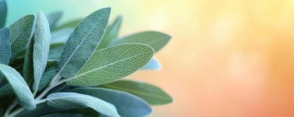 Poster - Sage leaves abstract background concept. A close-up of vibrant green sage leaves against a soft, colorful background.