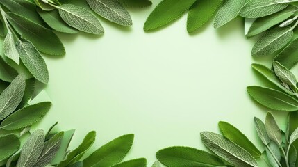 Poster - Sage leaves abstract background concept. Fresh green leaves creating a natural frame on a soft green background.