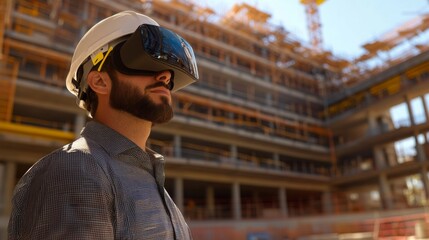 Fototapete - A man wears a virtual reality headset while standing at a construction site.