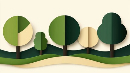 Poster - Plane tree abstract background idea. Stylized trees and hills illustrated in vibrant green tones, representing nature's beauty.