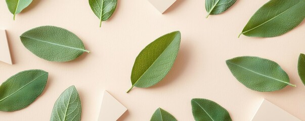 Poster - Sage leaves abstract background concept. Aesthetic arrangement of green leaves on a light background, showcasing natural beauty.
