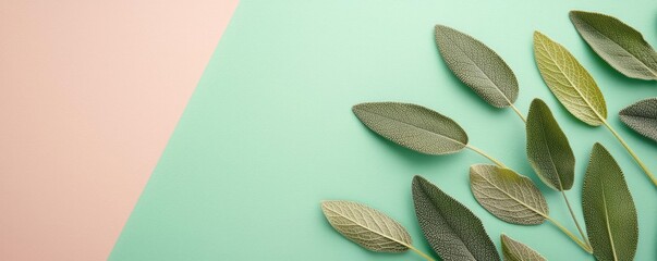 Poster - Sage leaves abstract background concept. Aesthetic arrangement of green leaves on a colorful background, symbolizing nature.
