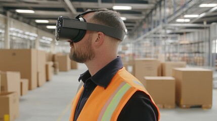Leinwandbilder - A man wearing a virtual reality headset and safety vest is engaged in a real estate exploration, activity inside a large warehouse filled with boxes.