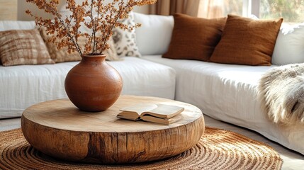 Wall Mural - Cozy living room interior with sectional sofa, wooden coffee table, vase, book, and throw.