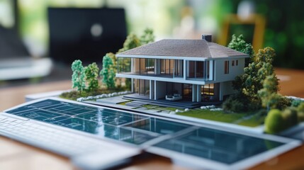 Poster - A detailed 3D model of a contemporary home is positioned on a desk, complemented by blueprints and greenery. This setup illustrates the integration of technology in real estate design and planning.