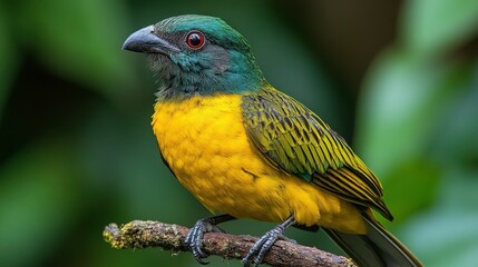 Wall Mural - Vibrant Tropical Bird Perched on a Branch Surrounded by Lush Green Foliage in a Rainforest, Showcasing Stunning Colors and Unique Features