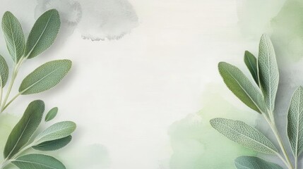 Poster - Sage leaves abstract background concept. Fresh green leaves on a soft watercolor background for a natural aesthetic.