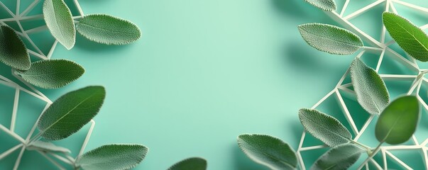 Poster - Sage leaves abstract background concept. Fresh green leaves arranged on a soft pastel background for a calming visual effect.
