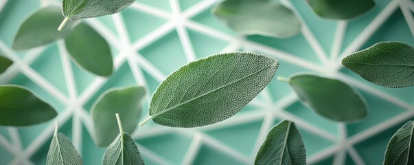 Poster - Sage leaves abstract background concept. Close-up view of beautiful green leaves with a geometric background, showcasing nature's beauty.