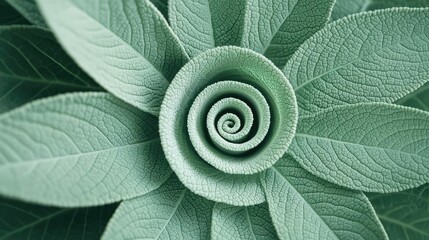 Fototapete - Sage leaves abstract background concept. A close-up view of a spiral arrangement of green leaves showcasing natural beauty.