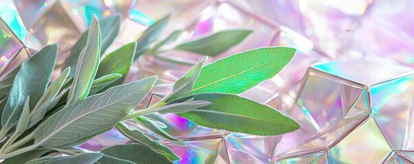 Poster - Sage leaves abstract background concept. A vibrant green leaf rests on a shimmering iridescent surface, creating a fresh atmosphere.