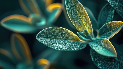 Poster - Sage leaves abstract background concept. Close-up of vibrant green leaves illuminated by soft light, showcasing their intricate texture.