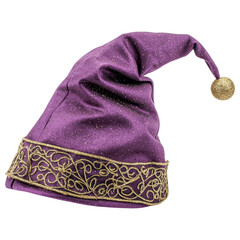 Wall Mural - A whimsical purple hat adorned with gold embroidery and a decorative pom-pom at the tip.