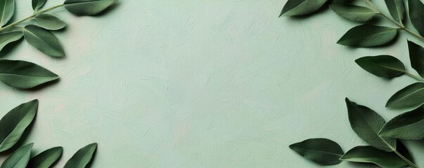 Poster - Sage leaves abstract background concept. Fresh green leaves arranged beautifully on a soft mint background.