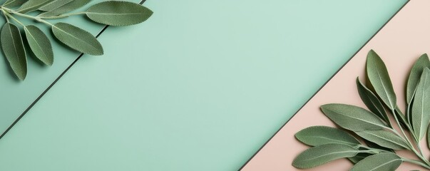 Poster - Sage leaves abstract background concept. Elegant green leaves on a pastel background, perfect for nature-inspired designs.