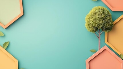 Poster - Plane tree abstract background idea. Vibrant green tree with colorful geometric shapes on a soothing background.