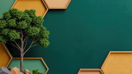Poster - Plane tree abstract background idea. A modern interior featuring a tree against a colorful hexagonal wall design.