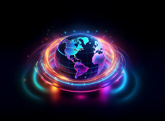 Wall Mural - a vibrant, glowing earth encircled by neon rings, symbolizing global connectivity and digital techno