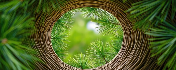 Poster - Pine tree abstract background idea. A close-up view of a circular structure formed by intertwined branches and greenery.
