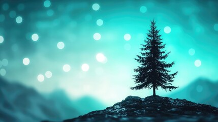 Poster - Pine tree abstract background idea. A solitary tree silhouetted against a dreamy blue and teal bokeh background.