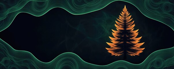 Poster - Pine tree abstract background idea. A solitary pine tree with a glowing appearance against a dark, abstract background.