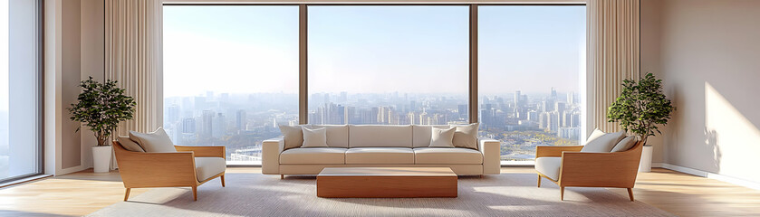 Wall Mural - Modern Cityscape View Luxury Apartment Living Room 3D Illustration