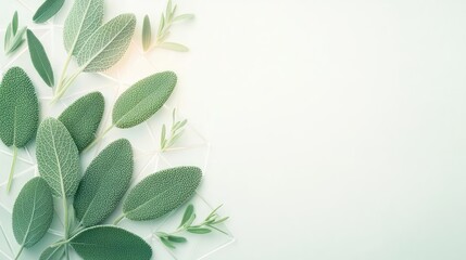 Fototapete - Sage leaves abstract background concept. Fresh green leaves on a light background, symbolizing nature and vitality.