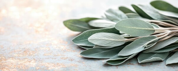 Poster - Sage leaves abstract background concept. Fresh green sage leaves arranged beautifully on a textured surface for culinary use.