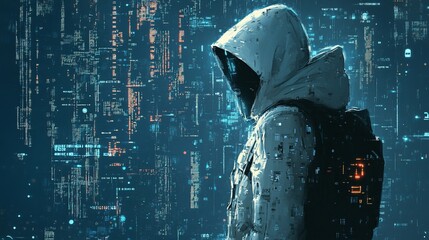 Hooded figure in digital environment, code background.