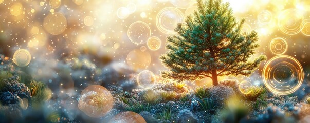 Poster - Pine tree abstract background idea. Serene landscape featuring a single pine tree amidst a dreamy, illuminated atmosphere.