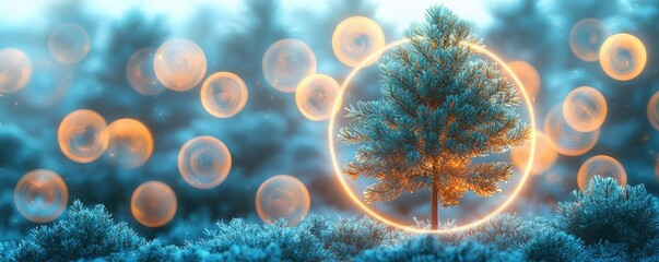 Poster - Pine tree abstract background idea. A serene tree surrounded by glowing orbs in a mystical forest setting.