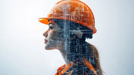 Fototapete - A construction professional wearing an orange hard hat stands in profile against a light background.