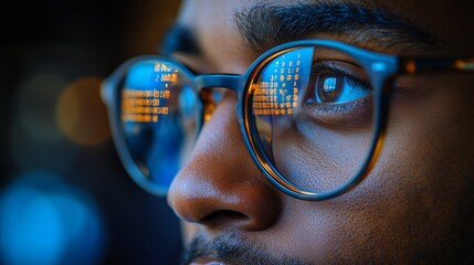 A detailed portrait of a software engineer focused on their computer screen, with code visible in their glasses. They are developing an advanced e-commerce app incorporating machine learning, AI, and