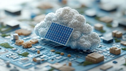 An icon in 3D showing a solar panel and a cloud computing icon, symbolizing the use of renewable energy in digital cloud services, perfect for contemporary isolated designs.