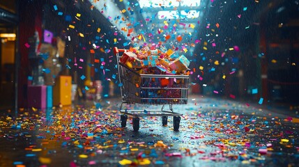 A digital shopping cart brimming with items on a website interface, adorned with vibrant discount tags and flashing sale banners, set against a sleek, modern background ideal for highlighting online