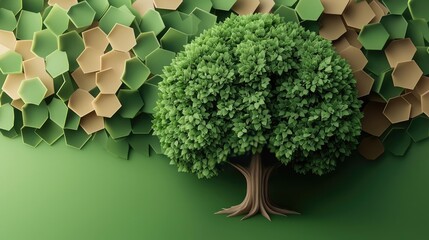Poster - Plane tree abstract background idea. A vibrant, stylized tree stands out against a geometric green background.