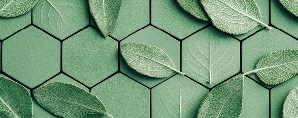 Poster - Sage leaves abstract background concept. Close-up of green leaves arranged on a hexagonal pattern background for an eco-friendly theme.