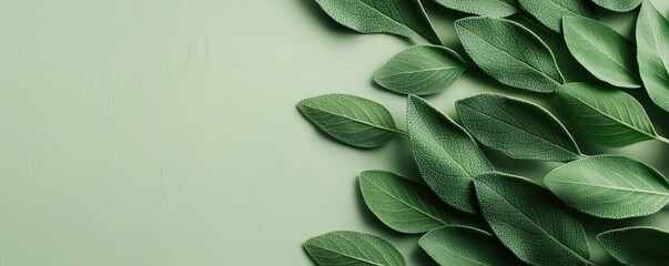 Poster - Sage leaves abstract background concept. Fresh green leaves arranged beautifully on a soft green background.