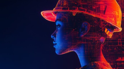 Aufkleber - A professional wearing a safety helmet is illuminated by vibrant colors, symbolizing the integration of AI technologies in the real estate sector, enhancing design processes and urban planning.