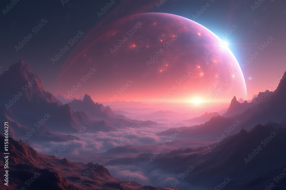 Surreal Alien Landscape with Giant Planet and Nebula Stock Illustration ...