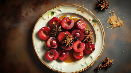 Canvas Print - Overhead shot of sweet cherries, star anise, and brown sugar on a rustic plate.  Concept of dessert, food photography, culinary arts, sweetness.